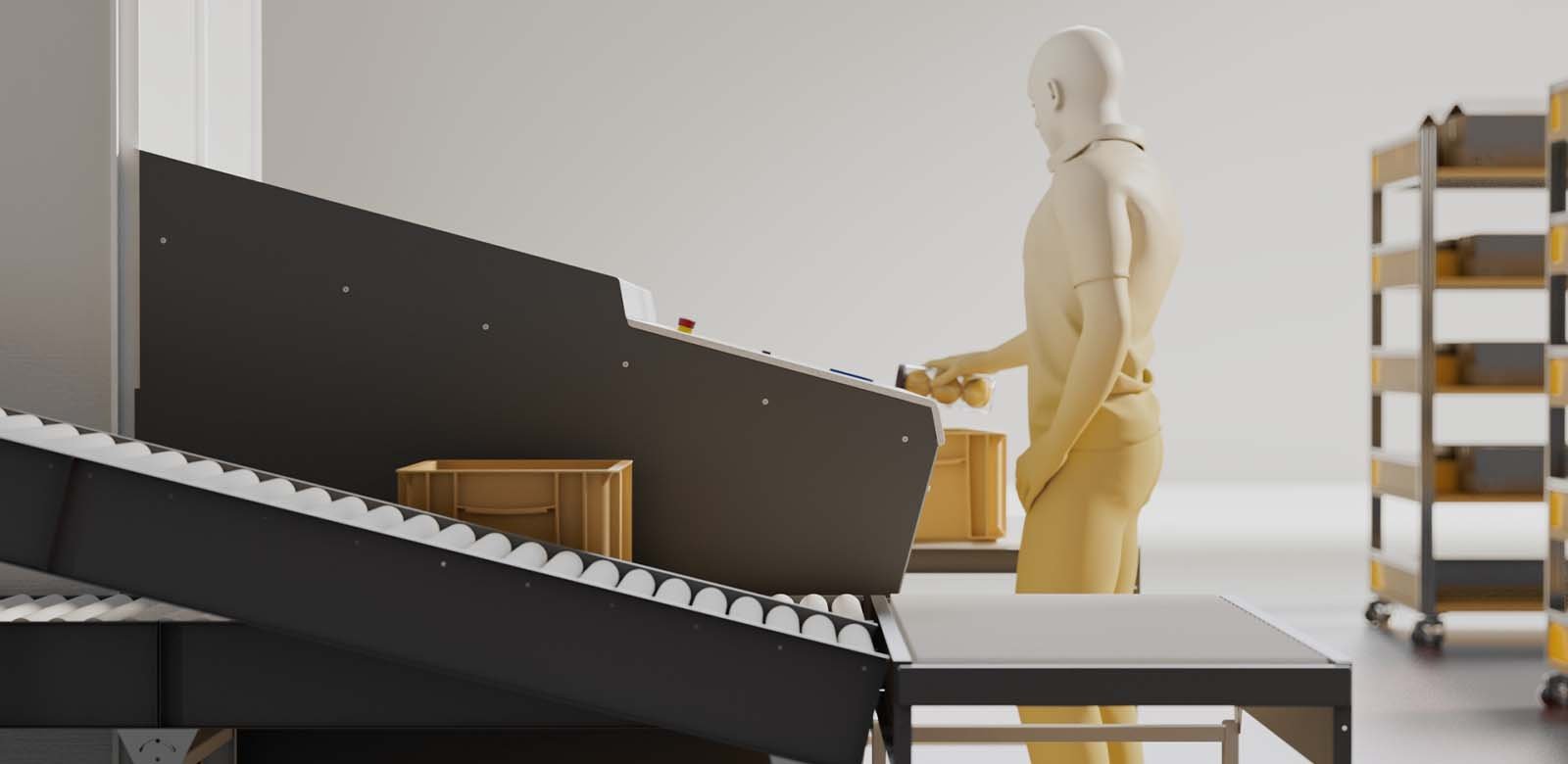 A worker in an automated warehouse next to an AutoStore FusionPort with conveyors integrated on the sides
