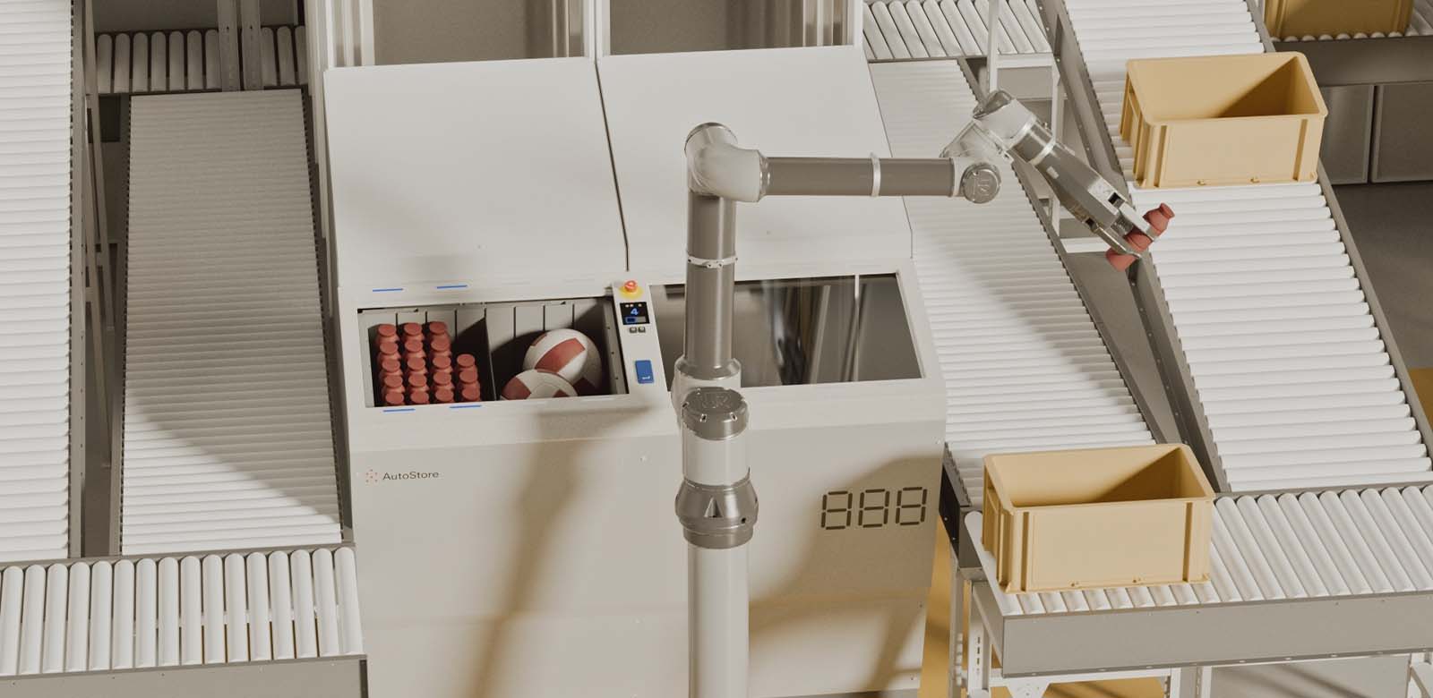 AutoStore FusionPort Workstation integrated with a robotic arm and conveyors where the robotic arm is picking items into a bin