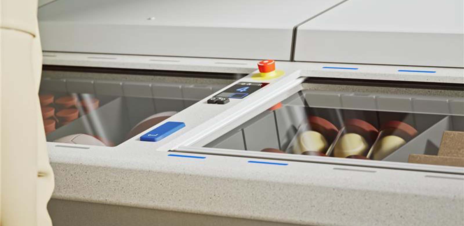 Close up image of the AutoStore FusionPort showing the bins at the two bin openings and controls