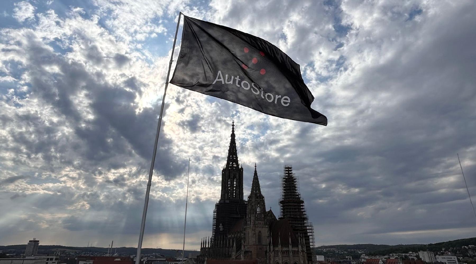 AutoStore flag against the sky in Ulm, Germany