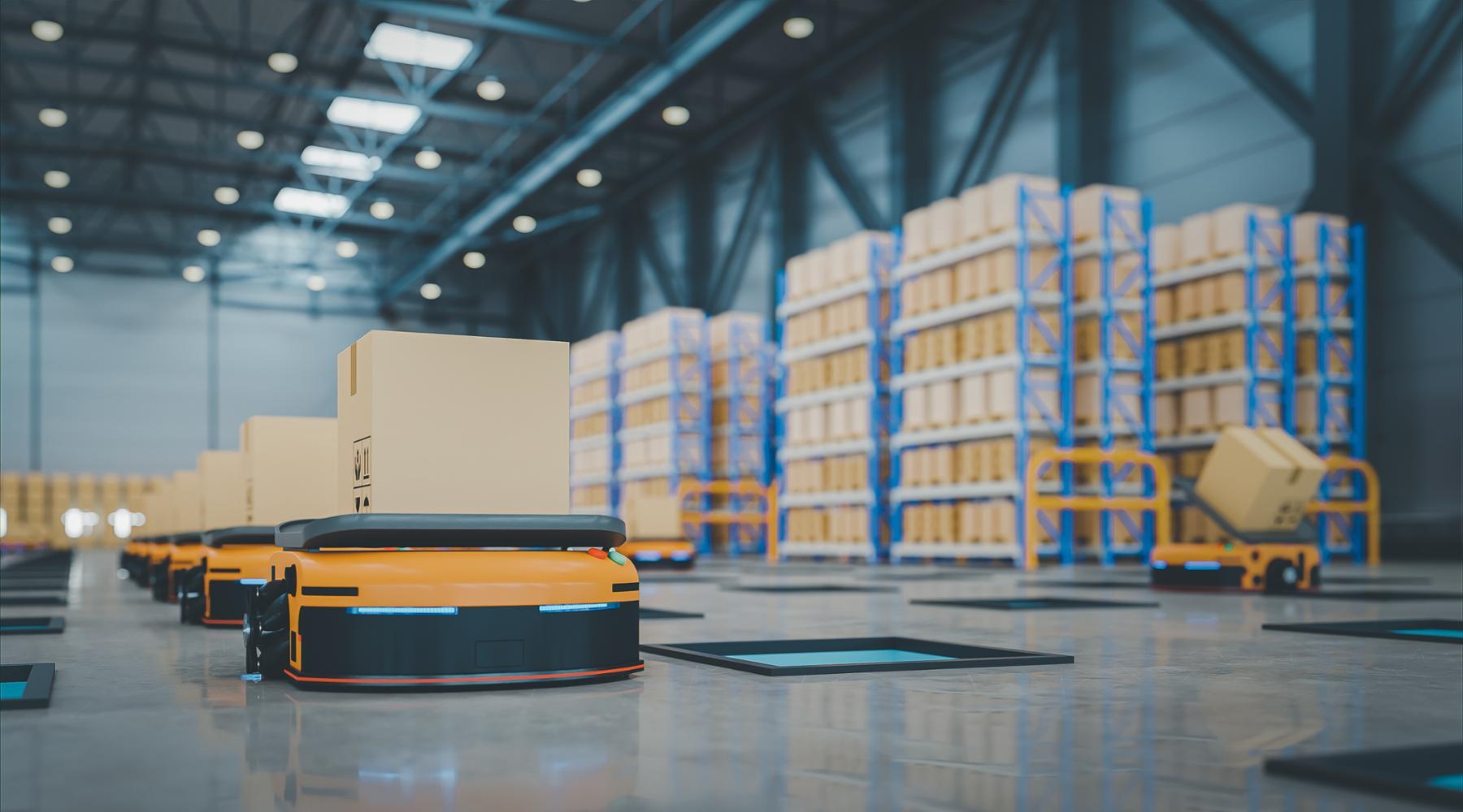  A modern automated warehouse with AGVs (Automated Guided Vehicles) transporting boxes, showcasing the integration of robotics in logistics and inventory management.