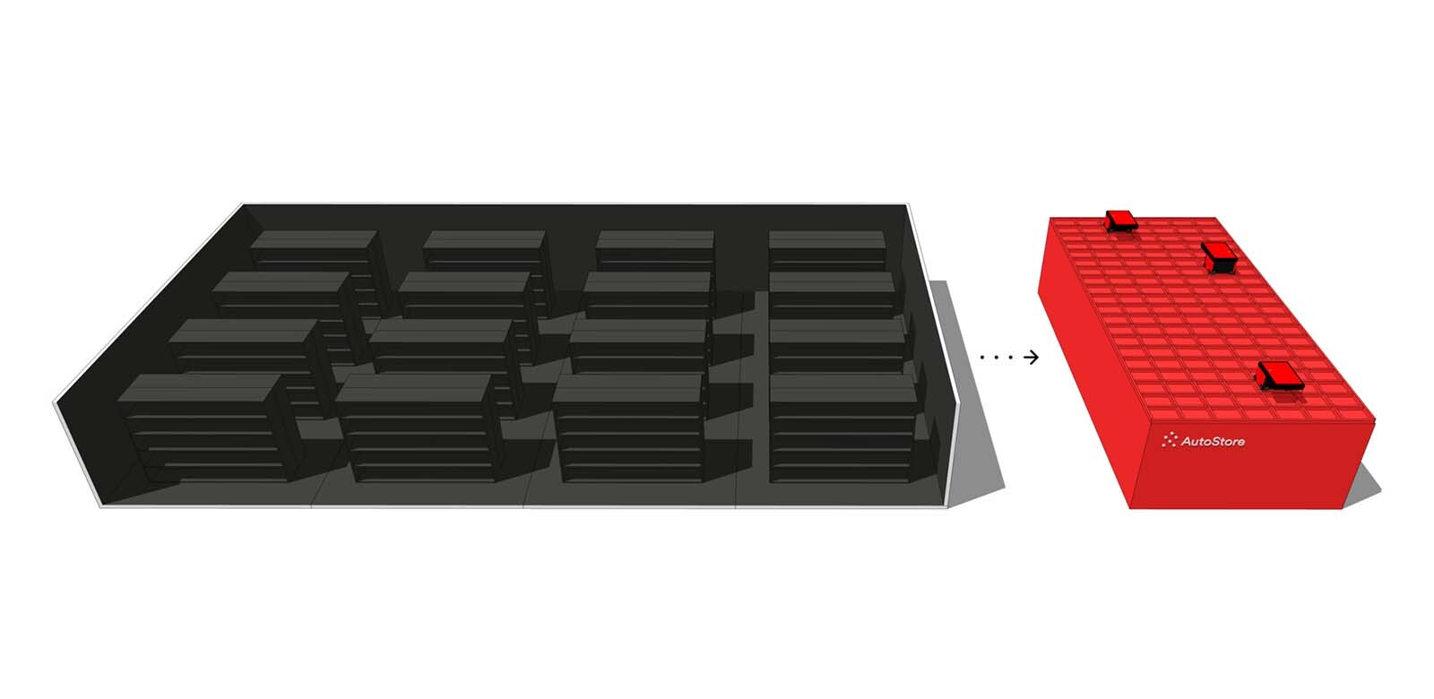 An illustration of how a traditional warehouse (in black) can fit into a much smaller space with the cube storage system (in red)h