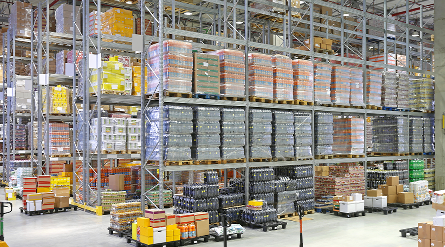Vertically stacked inventory within a warehouse. Image.