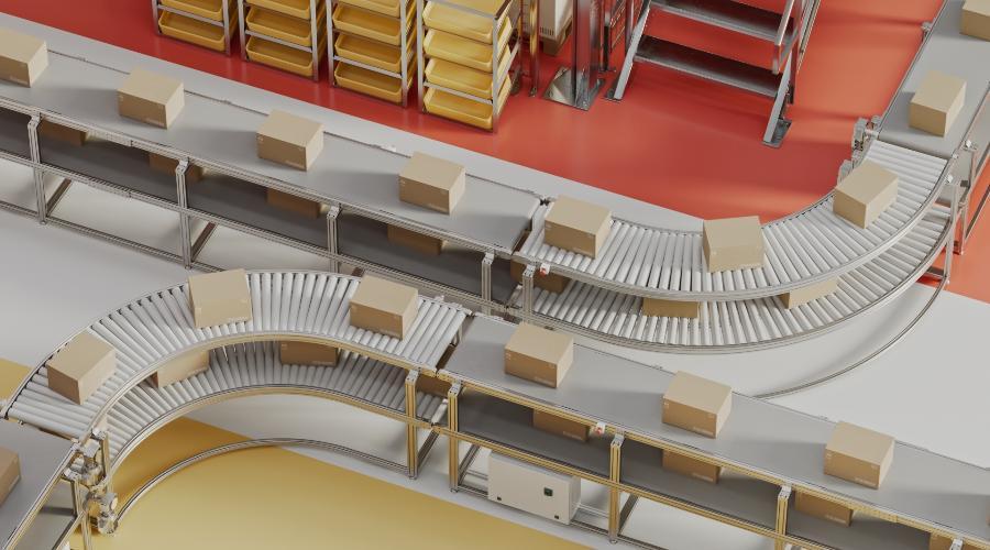 Conveyor system with cardboard boxes on it