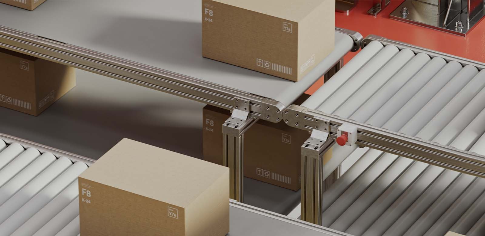 A close up image of a conveyor system with cardboard boxes on it